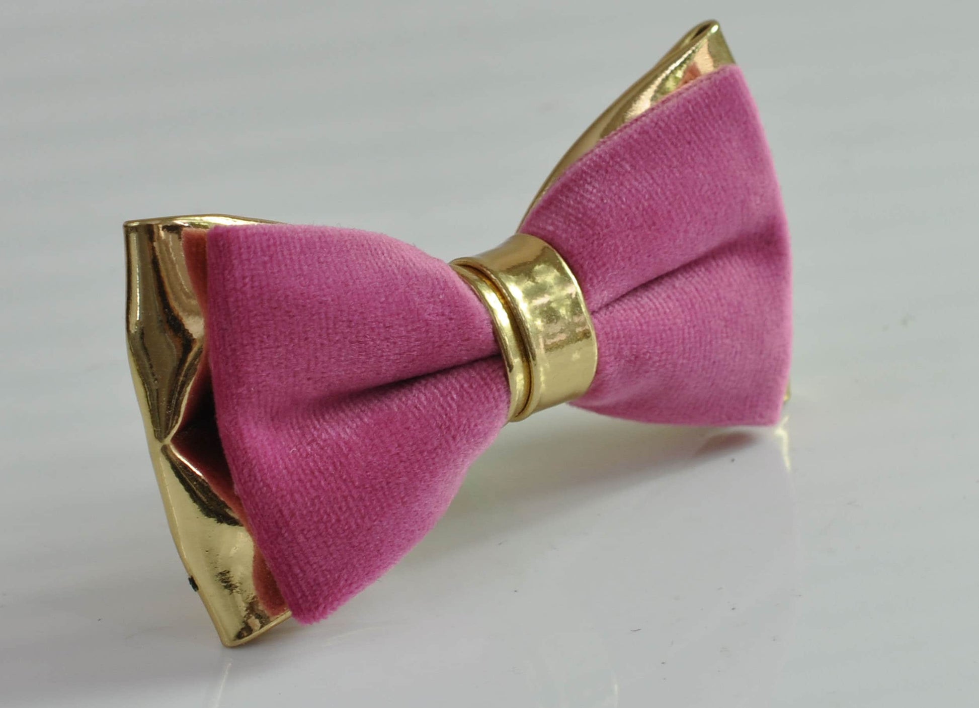 Candy Hot Pink Rose Pink Velvet + Gold Golden Faux Leather Pre tied Bow tie Bowtie for Men Adult / Youth Teenage / Boy Kids / Baby Infant