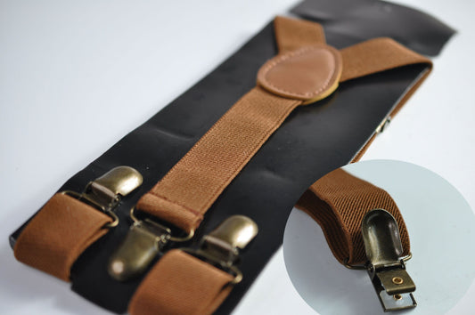 Toffee Brown 25MM Elastic Y-Back Suspenders Braces Bronze Metal Clips for Men Adult / Youth Teenage / Kids Boy /Toddler Baby Infant