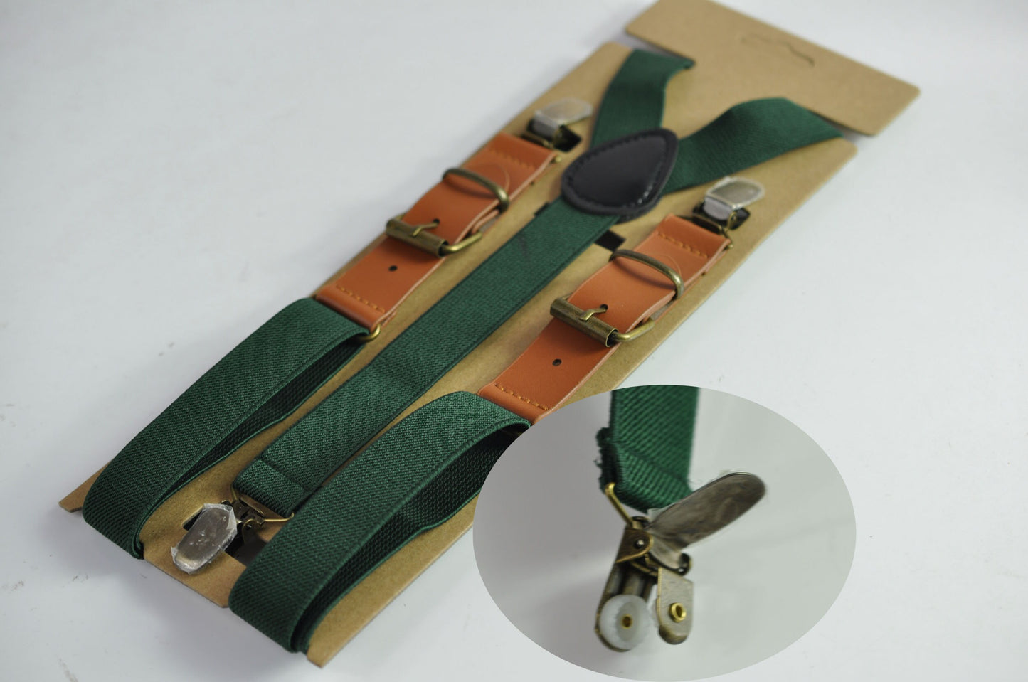 25mm Dark Emerald Green Bottle Green Elastic Tan Faux Leather Adjustabale Suspenders Braces for Men / Youth / Boy Kids / Infant Toddler Baby