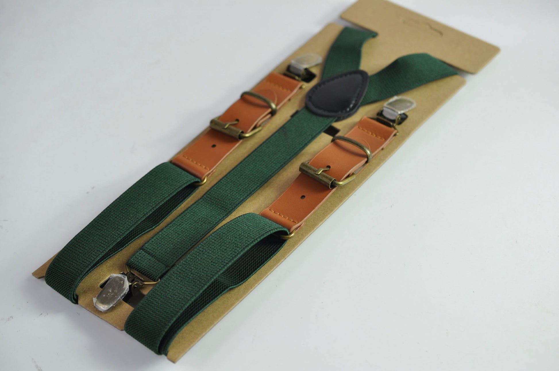 25mm Dark Emerald Green Bottle Green Elastic Tan Faux Leather Adjustabale Suspenders Braces for Men / Youth / Boy Kids / Infant Toddler Baby