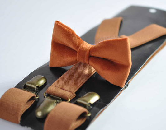Rusty Rust BrownVelvet Bow tie + Tan Brown Elastic Suspenders Braces for Men / Youth / Boys Kids / Baby Infant Toddler