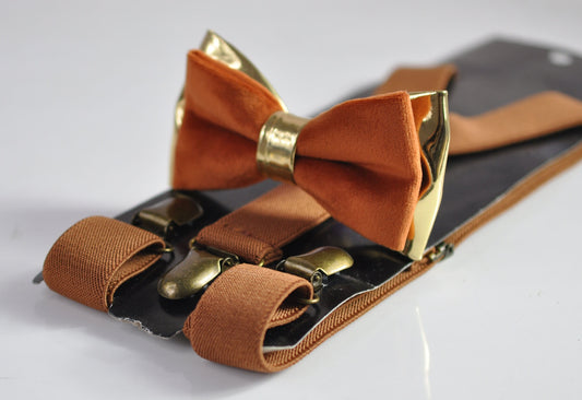 Rusty Rust Brown Velvet Gold Leather Bow tie + Tan Brown Elastic Suspenders Braces for Men / Youth / Boys Kids / Baby Infant Toddler