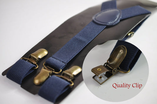 Navy Blue Dark Blue 25MM Elastic Y-Back Suspenders Braces Bronze Metal Clips for Men Adult / Youth Teenage / Kids Boy /Toddler Baby Infant