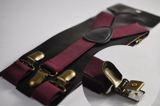 Burgundy Wine Red 25MM Elastic Y-Back Suspenders Braces Bronze Metal Clips for Men Adult / Youth Teenage / Kids Boy /Toddler Baby Infant