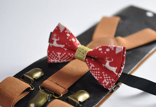 Xmas Christmas Elk Deer Red Cotton Bow tie + Tan Brown Elastic Suspenders Braces for Men / Youth Teenage/ Boys Kids / Baby Infant Toddler