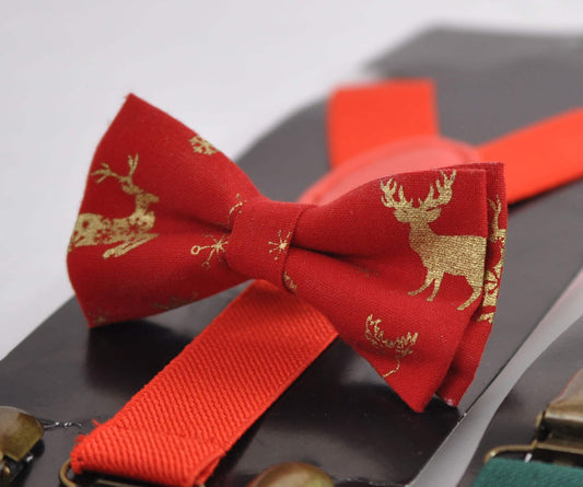 Xmas Christmas Elk Deer Red Cotton Bow tie + Matched Elastic Suspenders Braces for Men / Youth Teenage/ Boys Kids / Baby Infant Toddler