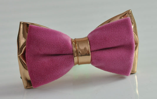 Candy Hot Pink Rose Pink Velvet + Rose Gold Golden Faux Leather Pre tied Bow tie Bowtie for Men Adult/ Youth Teenage/ Boy Kids / Baby Infant