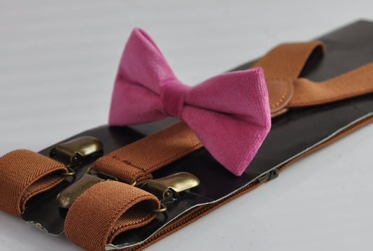 Candy Pink Hot Pink Rose Pink Velvet Bow tie + Tan Brown Elastic Suspenders Braces for Men / Youth / Boys Kids / Baby Infant Toddler