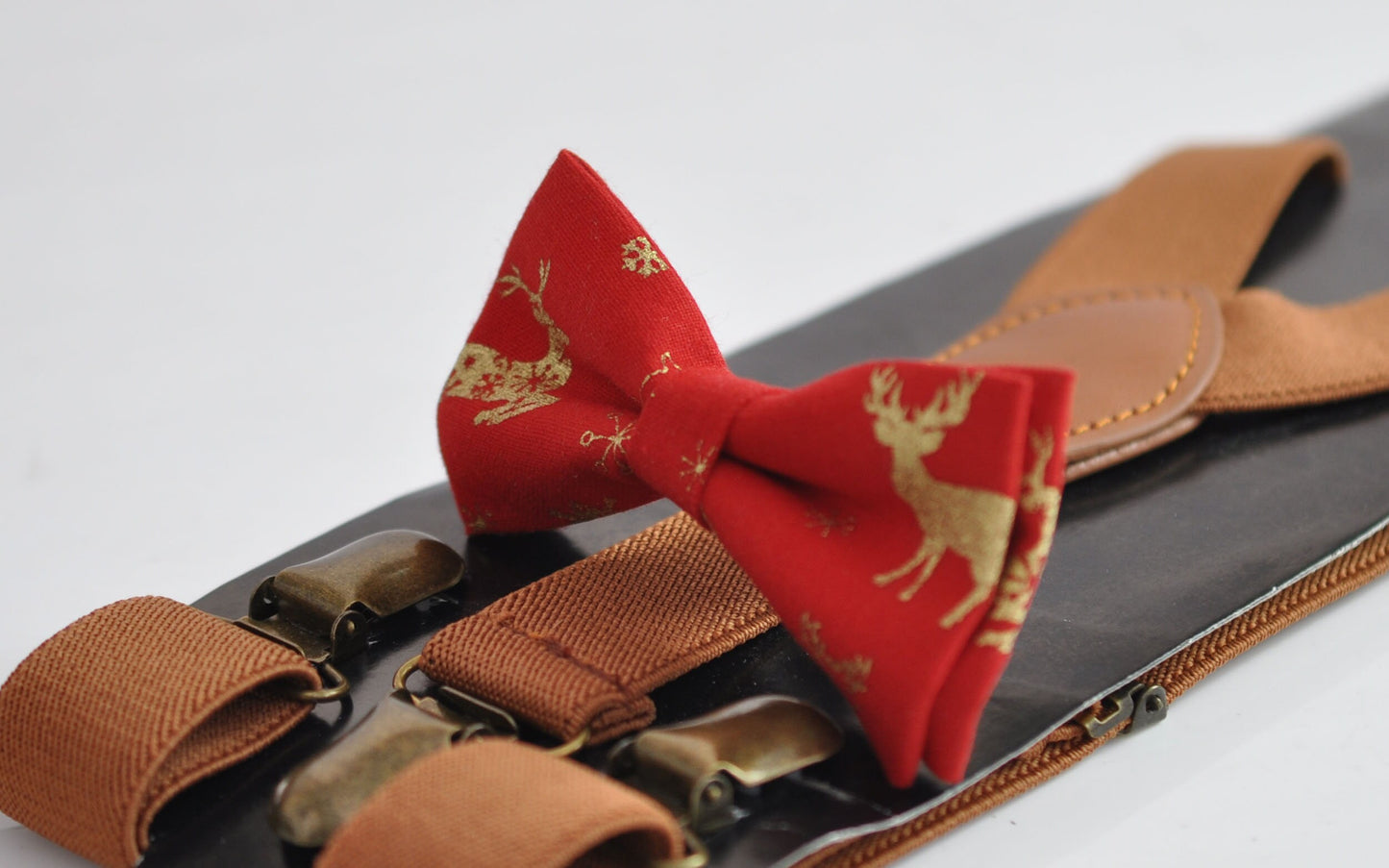 Xmas Christmas Elk Deer Red Cotton Bow tie + Tan Brown Elastic Suspenders Braces for Men / Youth Teenage/ Boys Kids / Baby Infant Toddler