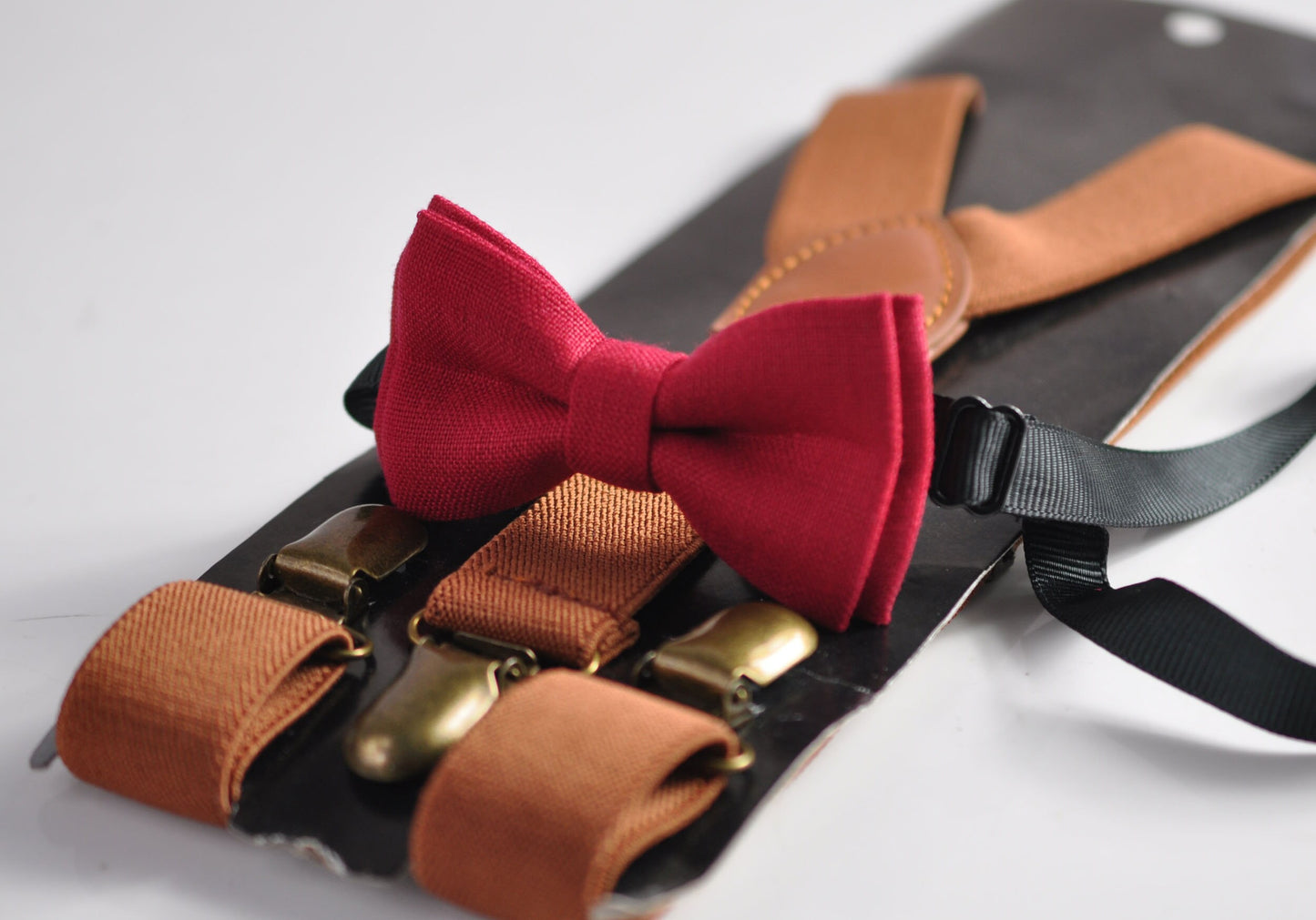 Cherry Ruby Blood Red Linen Bow tie Bowtie + Tan Brown Elastic Suspenders Braces for Men / Youth Teenage/ Boys Kids / Baby Infant Toddler