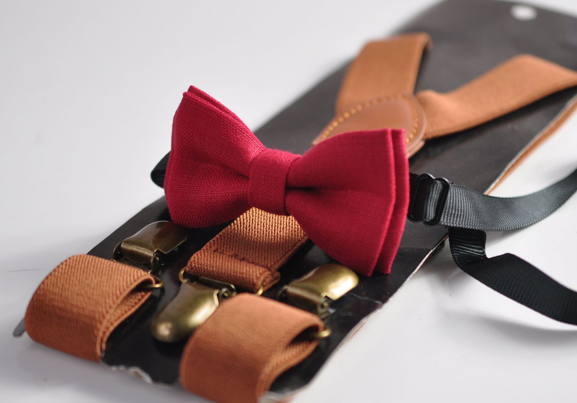 Cherry Ruby Blood Red Linen Bow tie Bowtie + Tan Brown Elastic Suspenders Braces for Men / Youth Teenage/ Boys Kids / Baby Infant Toddler