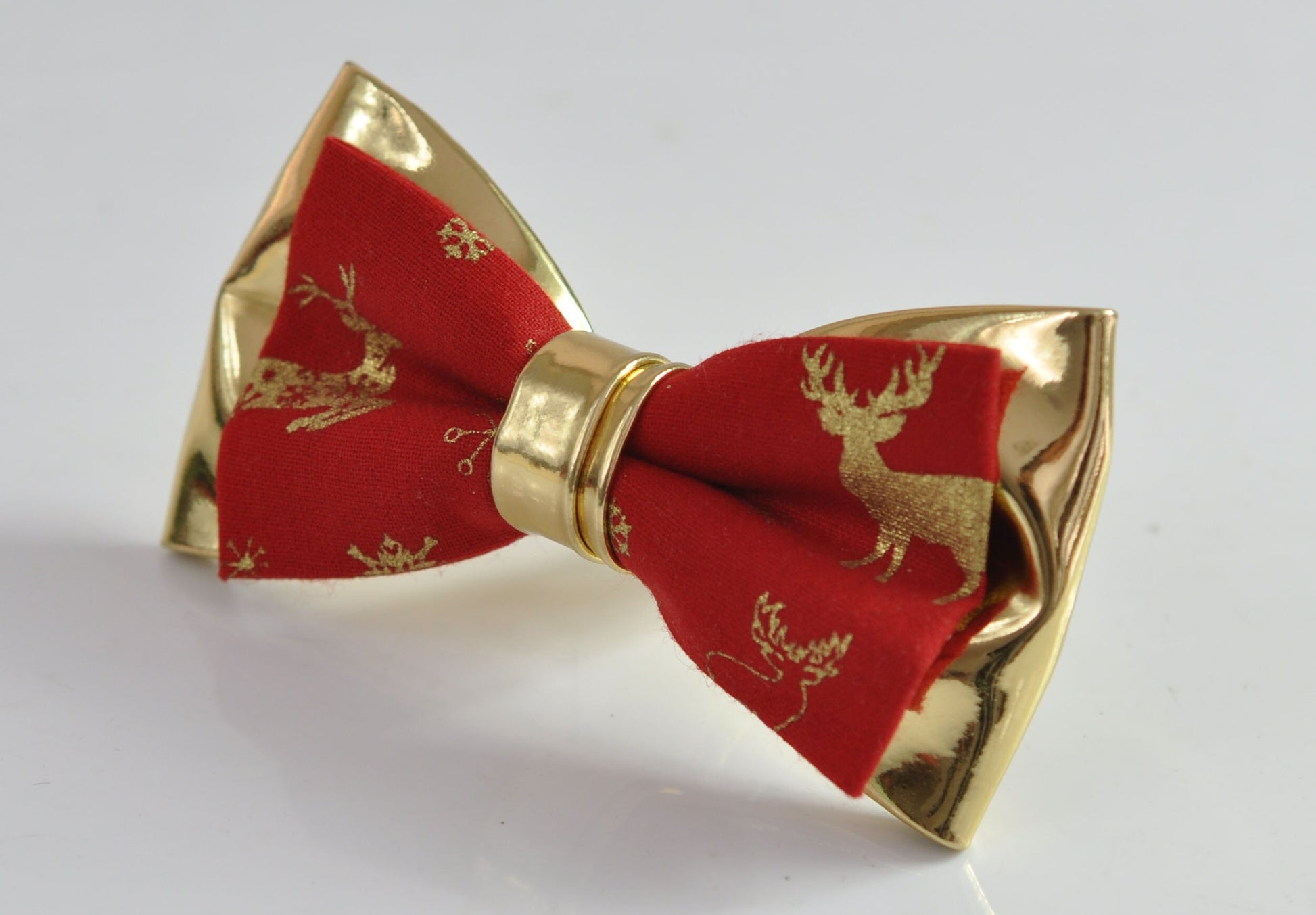 Red Cotton Gold Elk Deer Faux Leather 2Layers Xmas Christmas Pretied Bow Tie for Men Adult / Youth Teenage / Boy Kids / Baby Infant Toddler