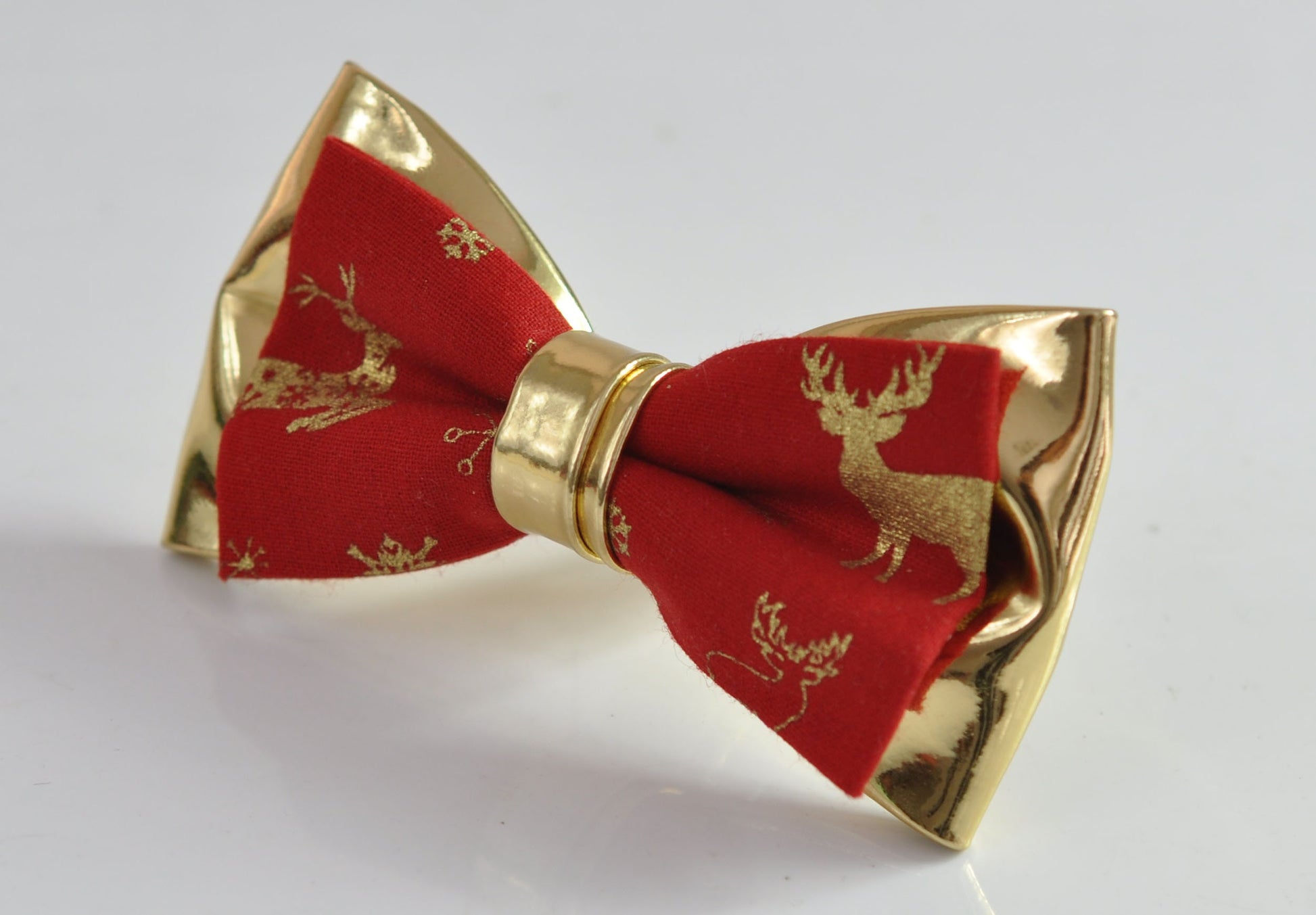 Xmas Christmas Elk Deer Red Gold Cotton Leather Bow tie + Red Elastic Suspenders Braces for Men / Youth / Boys Kids / Baby Infant Toddler