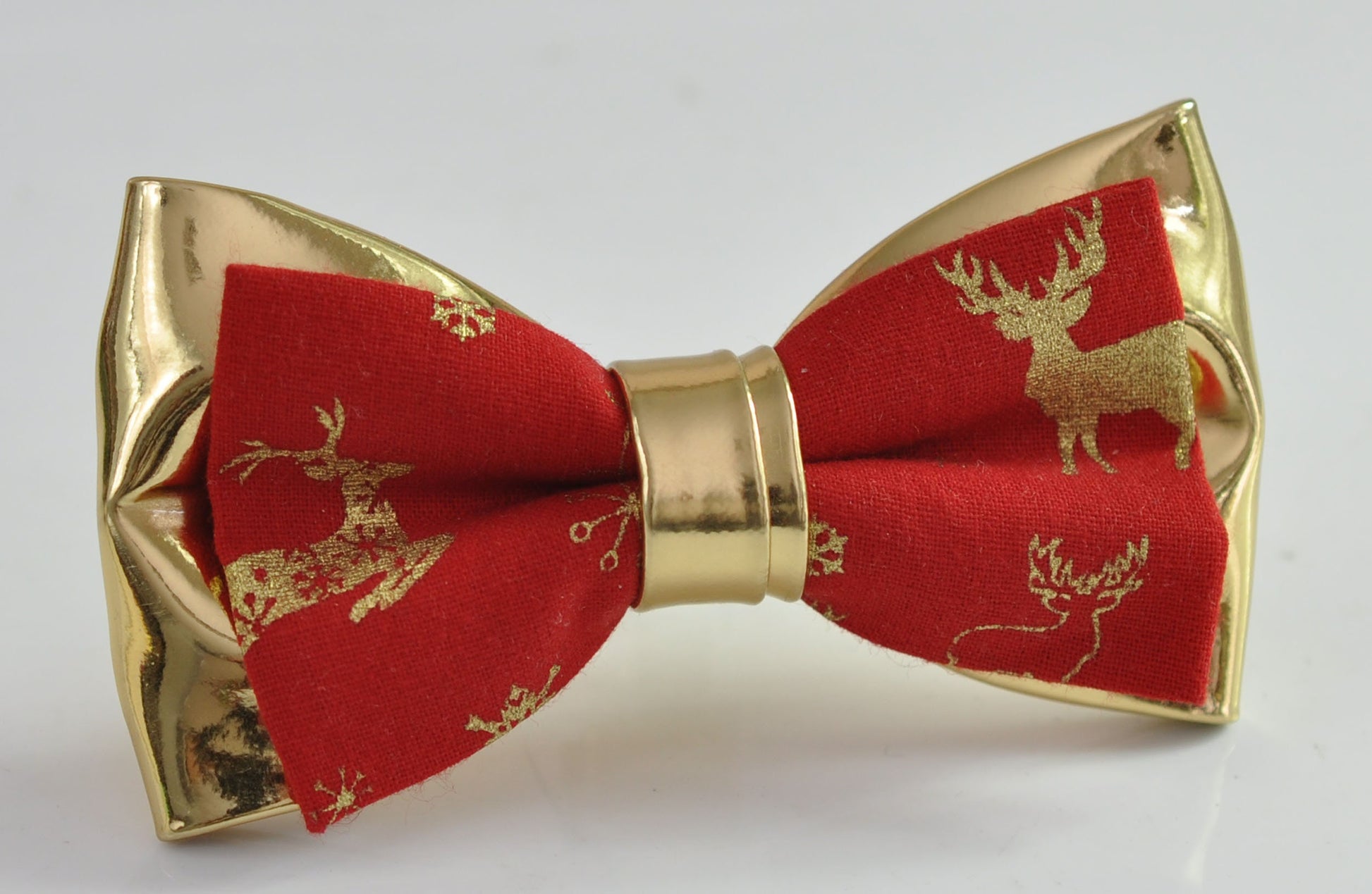 Xmas Christmas Elk Deer Red Gold Cotton Leather Bow tie + Tan Brown Suspenders Braces for Men / Youth / Boys Kids / Baby Infant Toddler