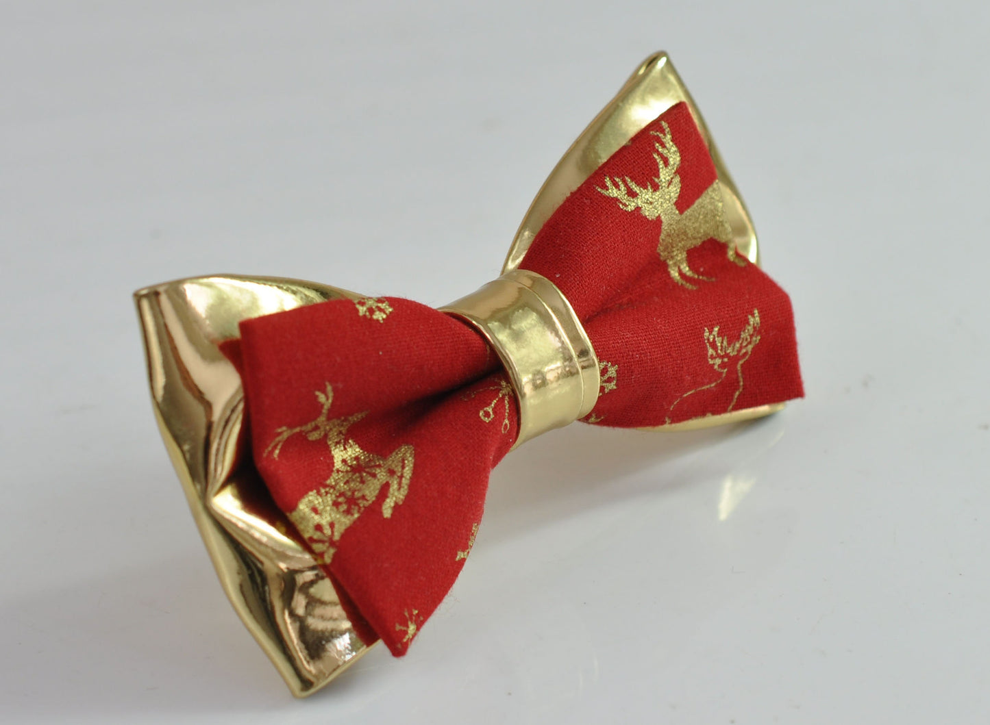 Xmas Christmas Elk Deer Red Gold Cotton Leather Bow tie + Tan Brown Suspenders Braces for Men / Youth / Boys Kids / Baby Infant Toddler
