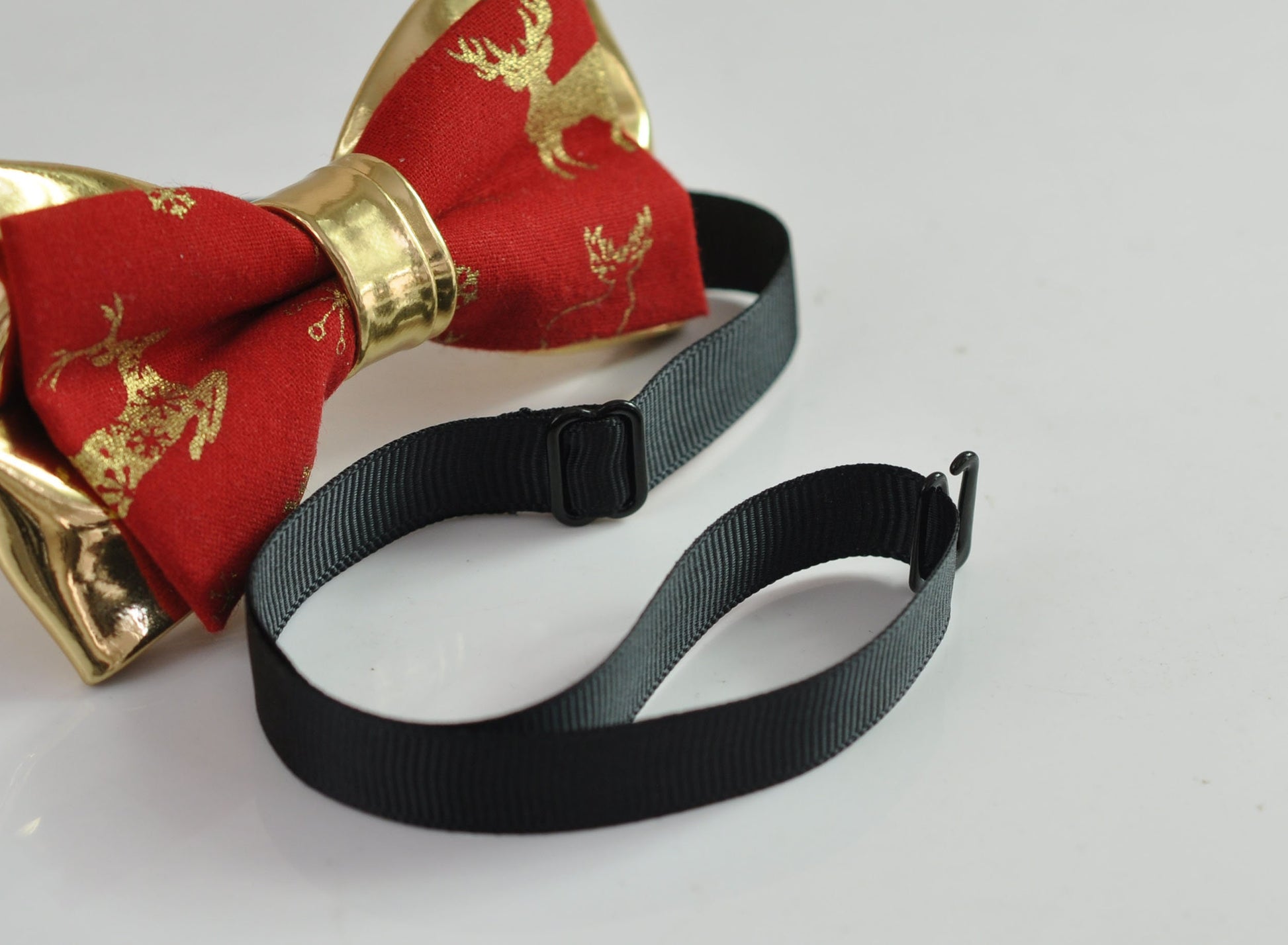 Xmas Christmas Elk Deer Red Gold Cotton Leather Bow tie + Tan Brown Suspenders Braces for Men / Youth / Boys Kids / Baby Infant Toddler