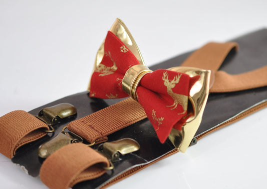 Xmas Christmas Elk Deer Red Gold Cotton Leather Bow tie + Tan Brown Suspenders Braces for Men / Youth / Boys Kids / Baby Infant Toddler