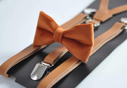 Rusty Rust Brown Velvet Bow tie + Tan Brown Skinny Faux Leather Suspenders braces for Youth Teenage / Boy Kids / infant Toddler Baby