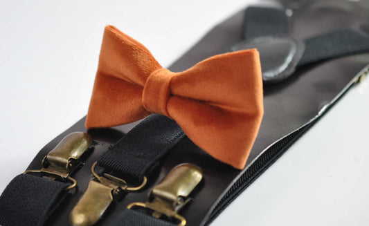 Rusty Rust BrownVelvet Bow tie + Black Elastic Suspenders Braces for Men / Youth / Boys Kids / Baby Infant Toddler