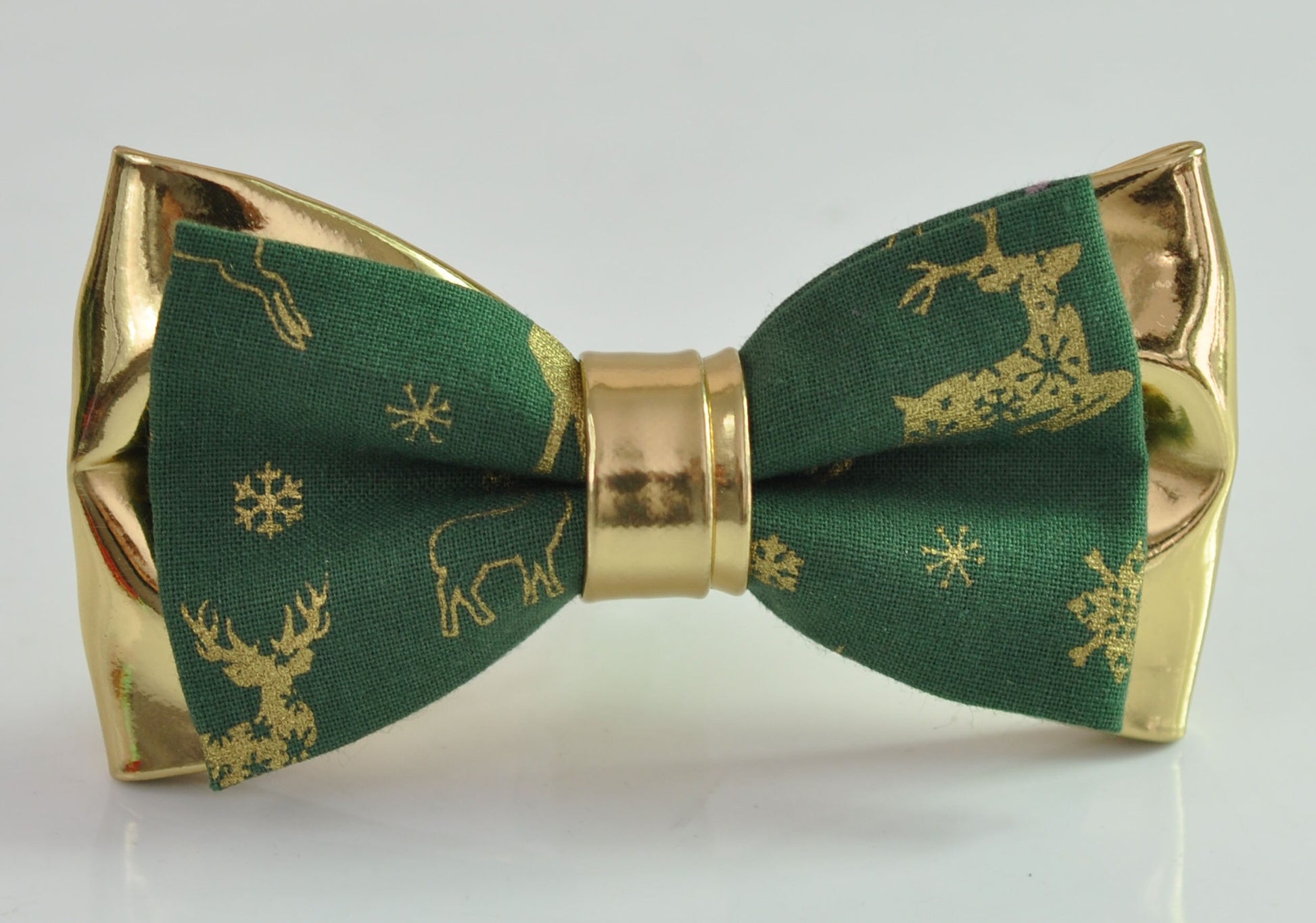 Xmas Christmas Elk Deer Green Gold Cotton Leather Bow tie + matched Suspenders Braces for Men / Youth / Boys Kids / Baby Infant Toddler