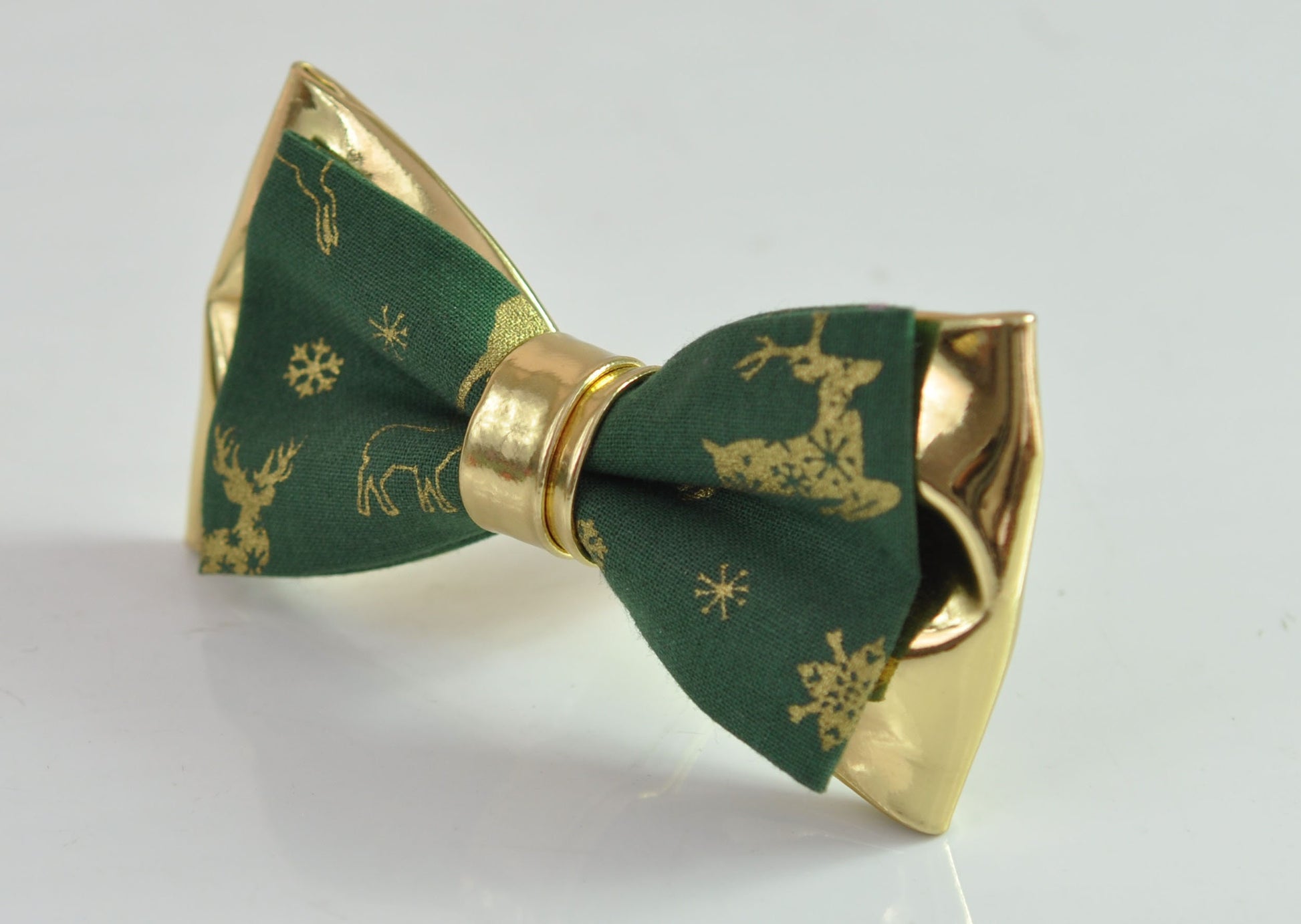 Xmas Christmas Elk Deer Green Gold Cotton Leather Bow tie + Tan Brown Suspenders Braces for Men / Youth / Boys Kids / Baby Infant Toddler