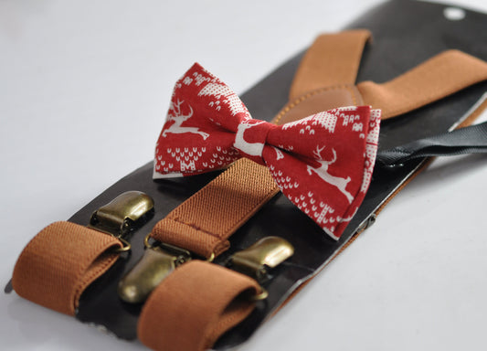 Xmas Christmas Elk Deer Red Cotton Bow tie + Tan Brown Elastic Suspenders Braces for Men / Youth Teenage/ Boys Kids / Baby Infant Toddler