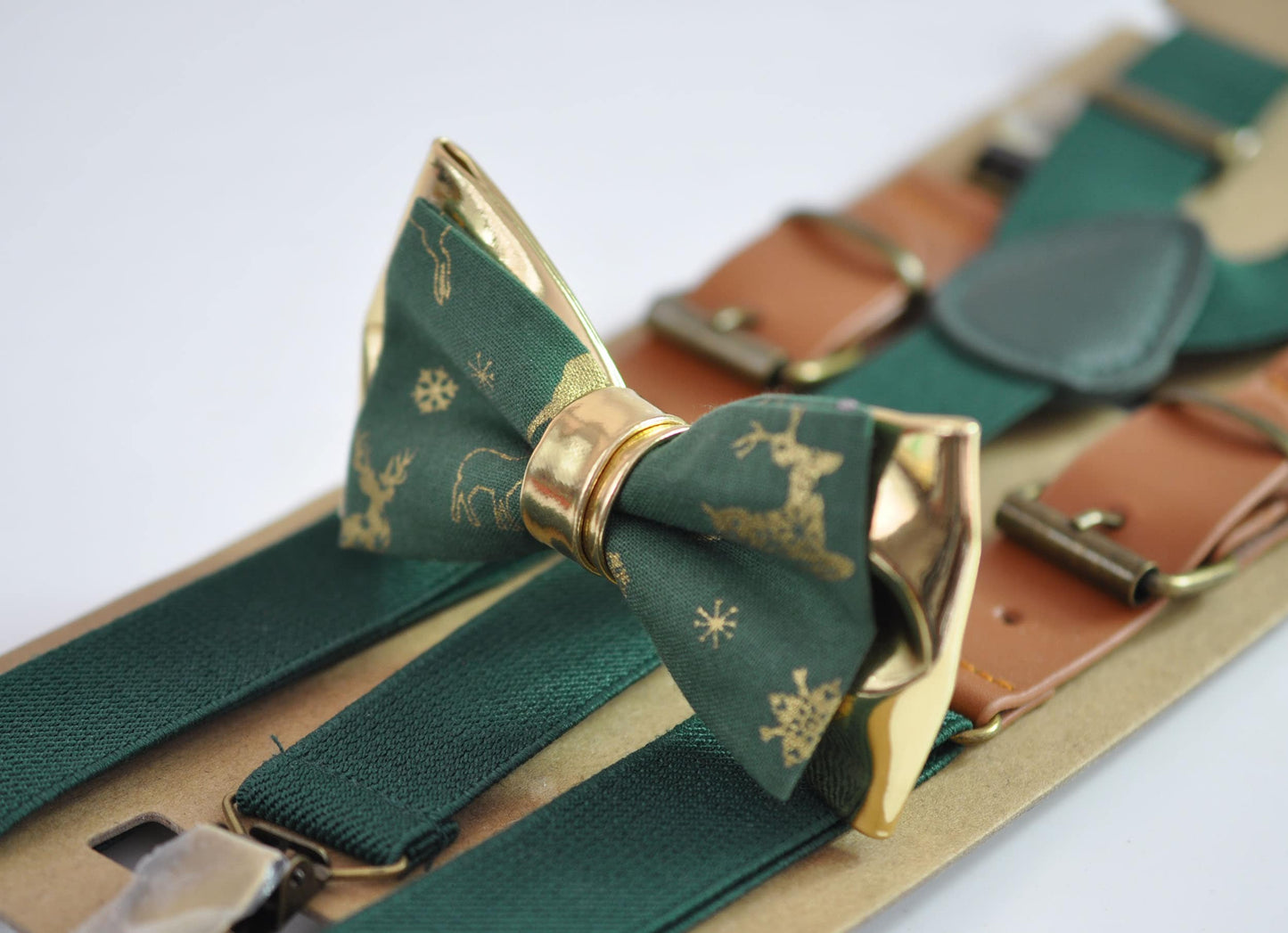 Xmas Christmas Elk Deer Green Gold Cotton Leather Bow tie + matched Suspenders Braces for Men / Youth / Boys Kids / Baby Infant Toddler