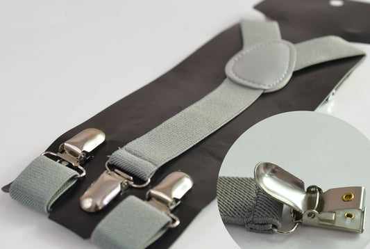 Grey Gray 25MM Elastic Y-Back Suspenders Braces Silver Quality Metal Clips for Men Adult / Youth Teenage / Kids Boy /Toddler Baby Infant