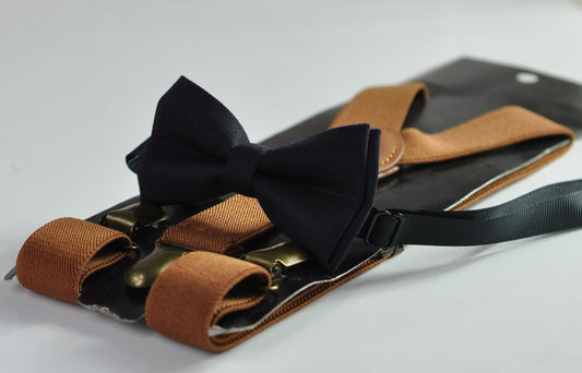 Black Cotton Bow tie Bowtie + Tan Brown Elastic Suspenders Braces for Men / Youth Teenage/ Boys Kids / Baby Infant Toddler