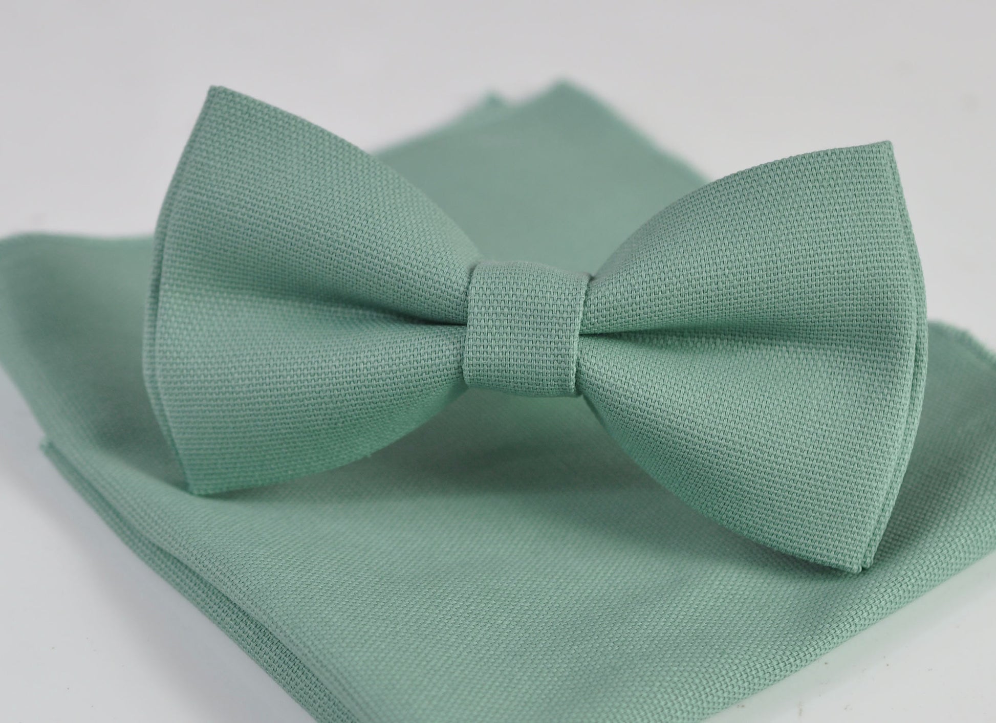 Sage Green Cotton Bow tie + Elastic Suspenders Braces + Pocket Square Hanky Handkerchief for Men / Youth / Boys Kids / Baby Infant