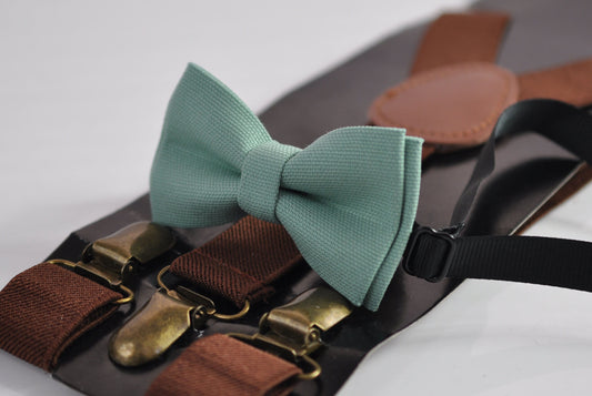 Sage Green Cotton Bow tie Bowtie + Brown Elastic Suspenders Braces for Men / Youth Teenage/ Boys Kids / Baby Infant Toddler