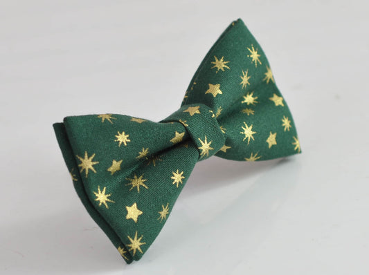 Xmas Christmas Elk Gold Snowflake Stars Emerald Green 100% Cotton Pretied Bow Tie for Men Adult / Youth / Boy Kids / Baby Infant Toddler