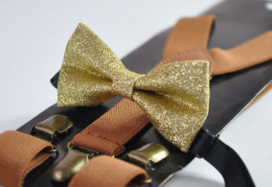 Gold Shining Faux Leather Bow tie Bowtie and Tan Brown Elastic Suspenders Braces for Men / Youth / Boy Kids / Baby Infant Toddler