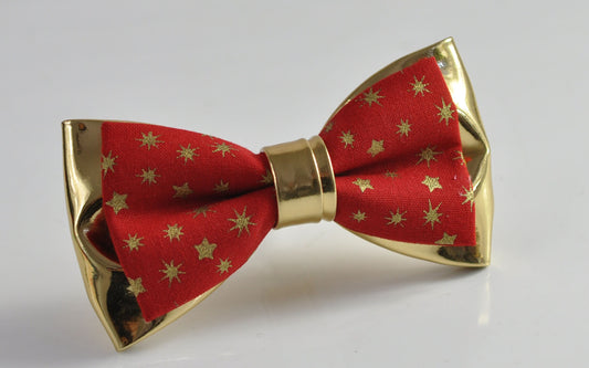 Red Cotton Gold Snowflake Stars Faux Leather 2Layers Xmas Christmas Pretied Bow Tie for Men Adult / Youth / Boy Kids / Baby Infant Toddler