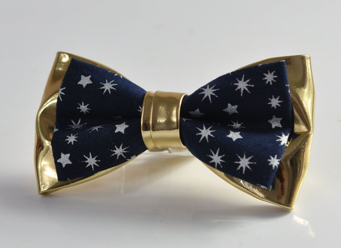 Navy Blue Cotton Snowflake Stars Gold Faux Leather Xmas Christmas Pretied Bow Tie for Men Adult / Youth / Boy Kids / Baby Infant Toddler