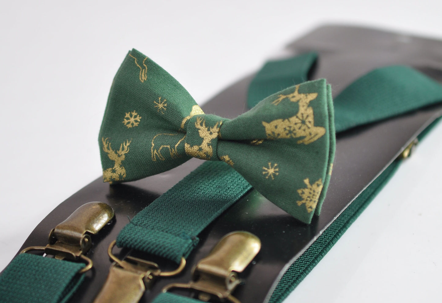 Xmas Christmas Elk Deer Green Cotton Bow tie + Matched Elastic Suspenders Braces for Men / Youth Teenage/ Boys Kids / Baby Infant Toddler