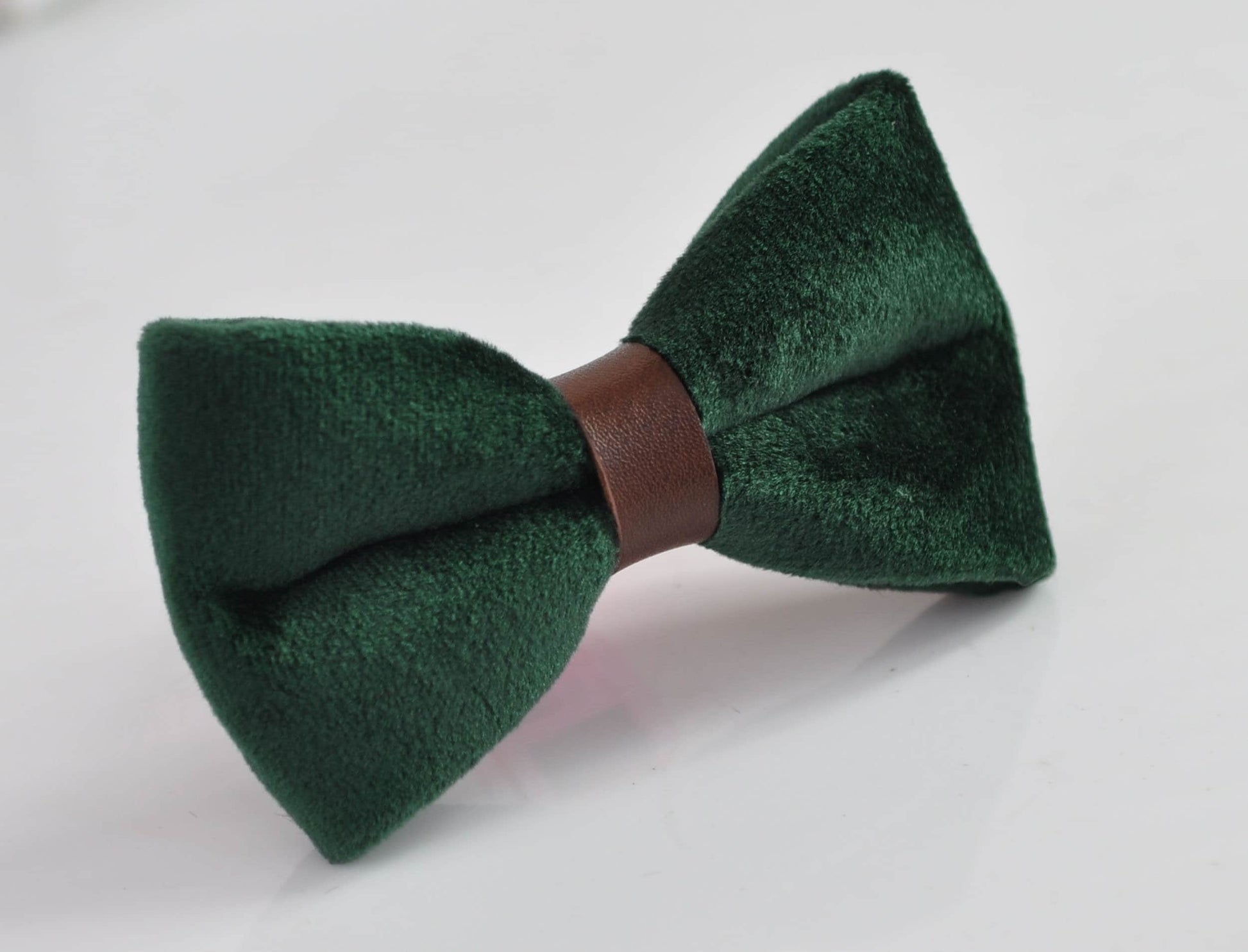 Dark Emerald Green Velvet Brown Faux Leather Pretied Bow tie Bowtie for Men Adult / Youth Teenage / Boy Kids / Toddler Baby Infant