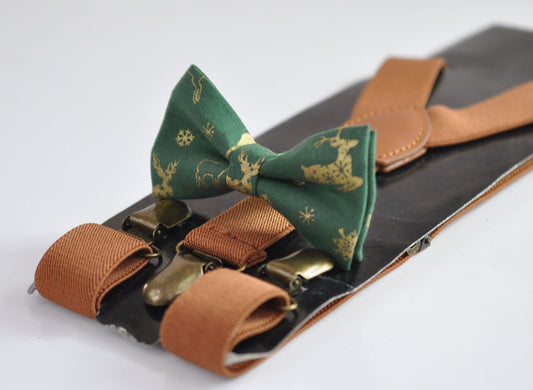 Xmas Christmas Elk Deer Green Cotton Bow tie + Tan Brown Elastic Suspenders Braces for Men / Youth Teenage/ Boys Kids / Baby Infant Toddler