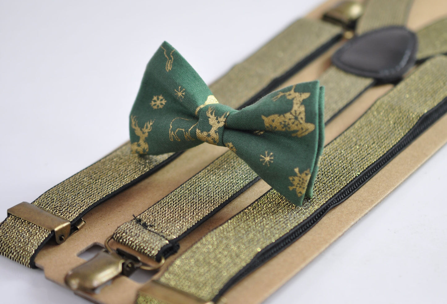 Xmas Christmas Elk Deer Elks Green Bow tie + Gold shining Elastic Suspenders Braces for Men / Youth Teenage/ Boys Kids / Baby Infant Toddler