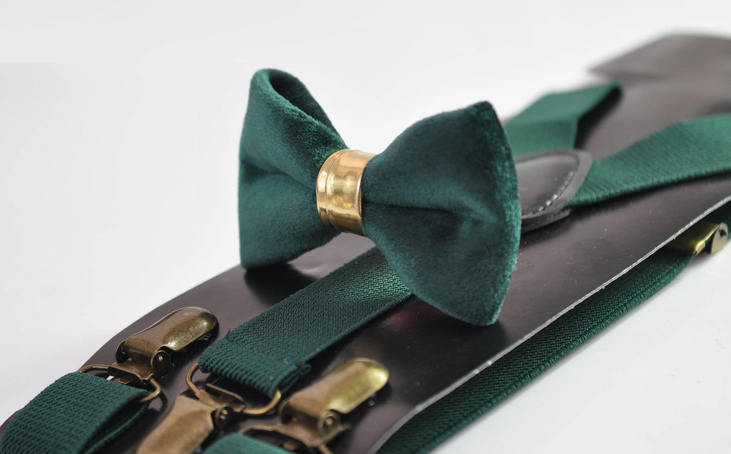 Emerald Green Velvet Gold Faux Leather Bow tie + Matched Elastic Suspenders Braces for Men / Youth / Boys Kids / Baby Infant Toddler