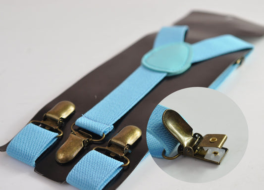 Light Blue Baby Blue 25MM Elastic Y-Back Suspenders Braces Bronze Metal Clips Men Adult / Youth Teenage/ Kids Boy /Toddler Baby Infant