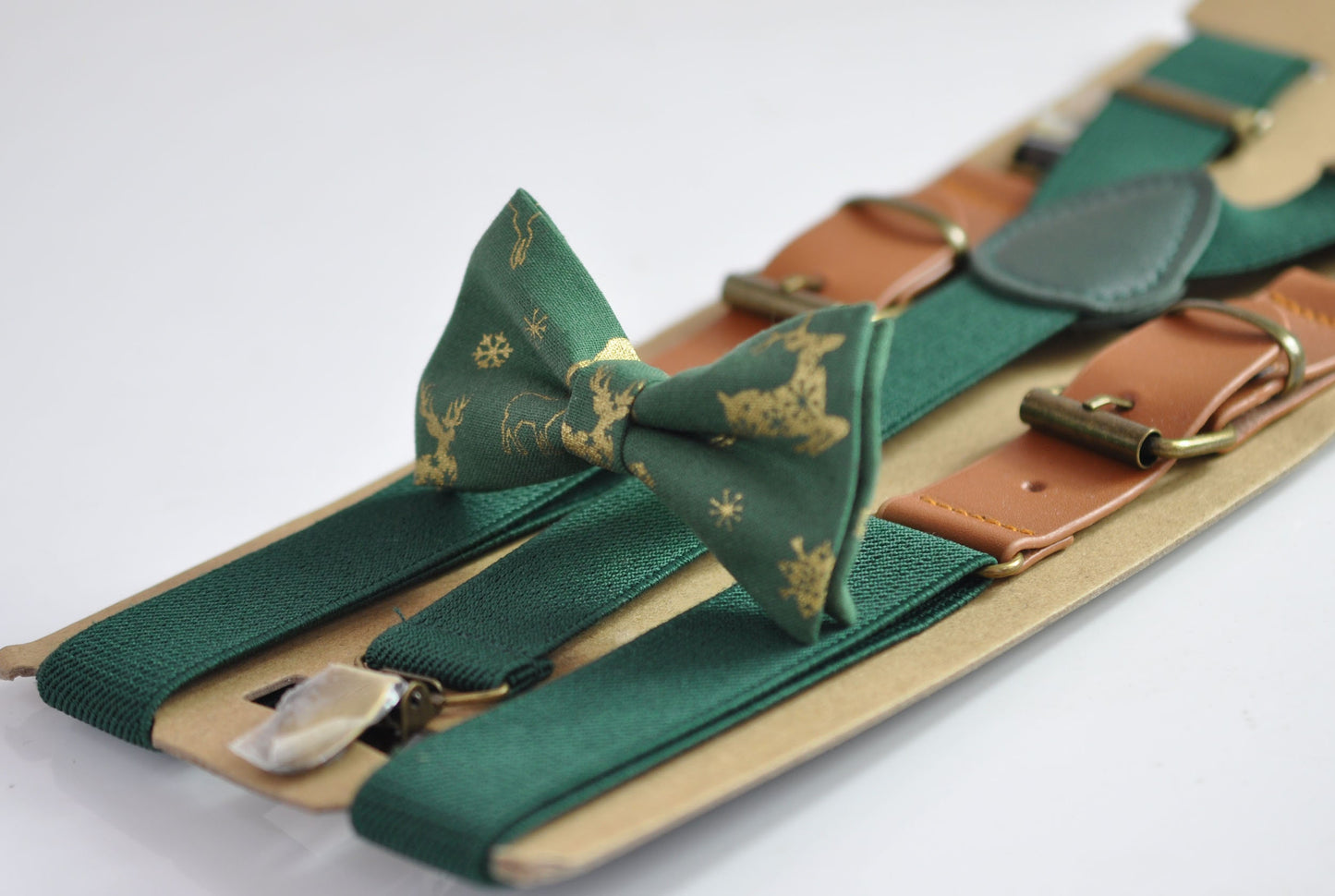 Xmas Christmas Elk Deer Green Cotton Bow tie + Elastic Leather Suspenders Braces for Men / Youth Teenage/ Boys Kids / Baby Infant Toddler