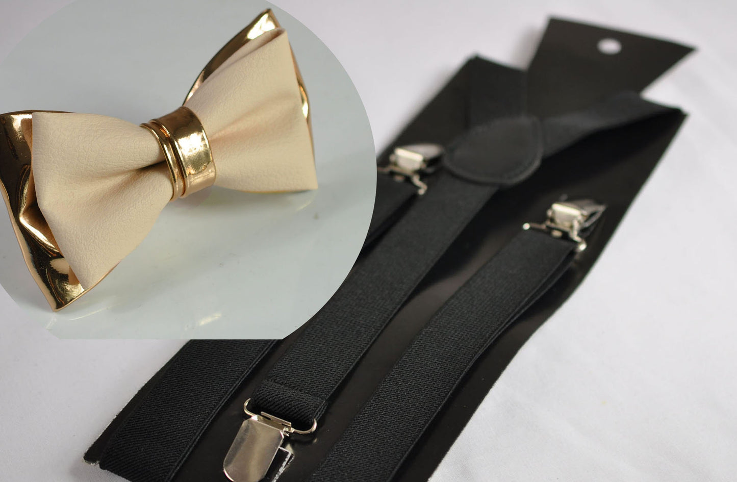 Cream Pearl White and Rose Gold Faux Leather Bow Tie +BLACK Elastic Suspenders Braces for Men ADULT / Youth / Boy Kids / Baby Infant Toddler