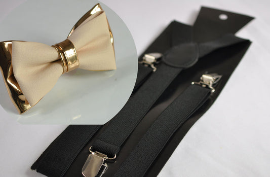 Cream Pearl White and Rose Gold Faux Leather Bow Tie +BLACK Elastic Suspenders Braces for Men ADULT / Youth / Boy Kids / Baby Infant Toddler
