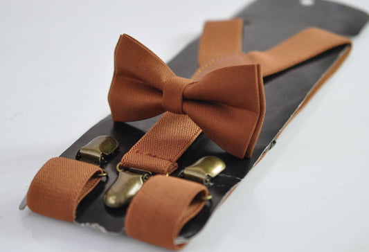 Tan Brown Cotton Bow tie Bowtie + matched Elastic Suspenders Braces for Men / Youth Teenage/ Boys Kids / Baby Infant Toddler