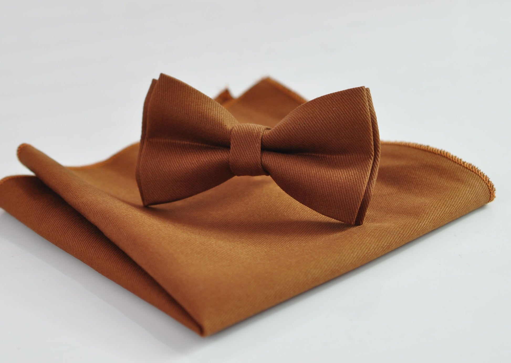 Tan brown Cotton Bow tie Bowtie + pocket Square Hanky Handkerchief Wedding for Men / Youth / Boys Kids / Baby Infant Toddler