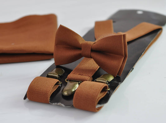 Tan Brown Cotton Bow tie + Elastic Suspenders Braces + Pocket Square Hanky Handkerchief for Men / Youth / Boys Kids / Baby Infant