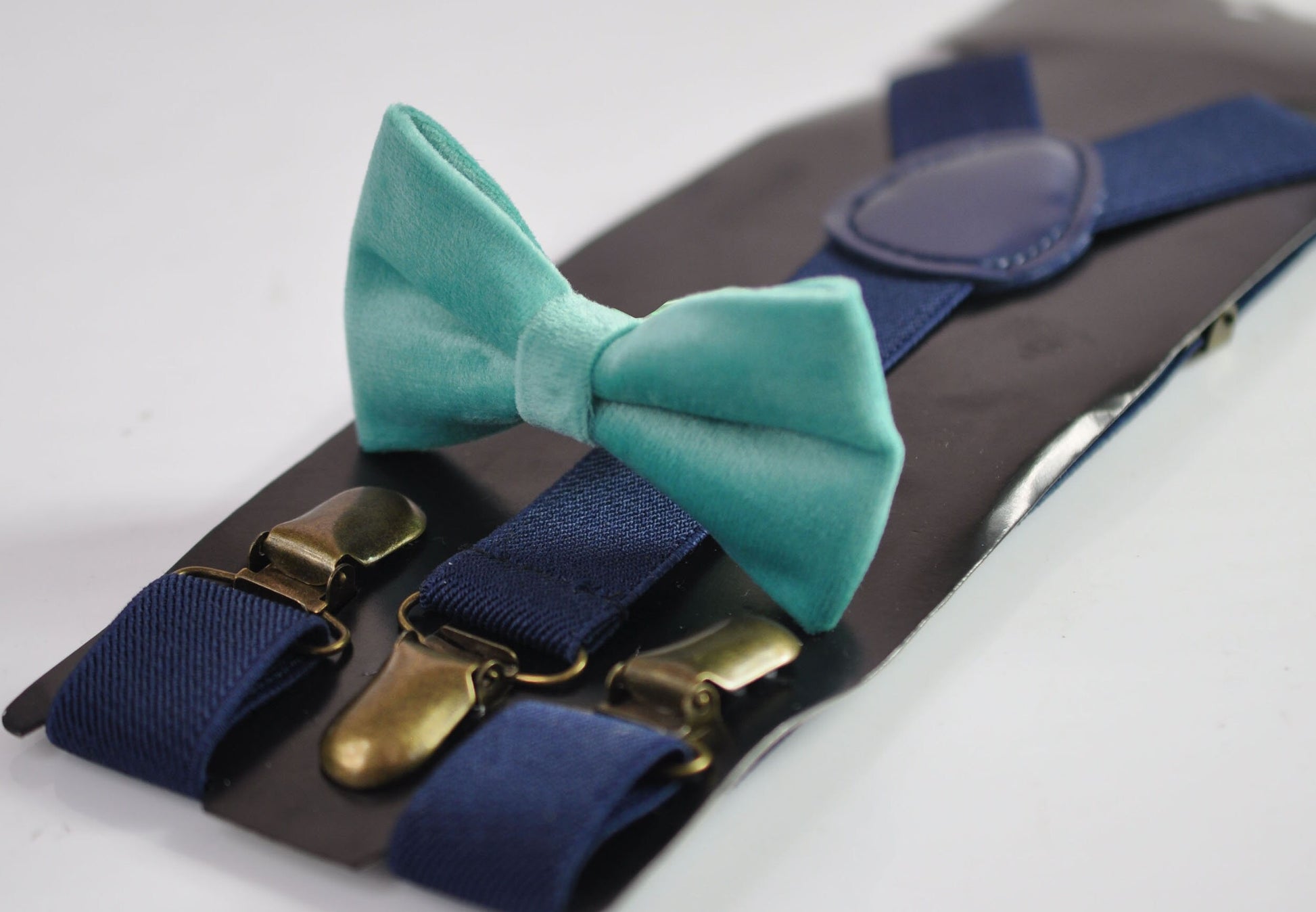 Sage Green Velvet Bow tie Bowtie + Navy blue Elastic Suspenders Braces for Men / Youth / Boys Kids / Baby Infant Toddler