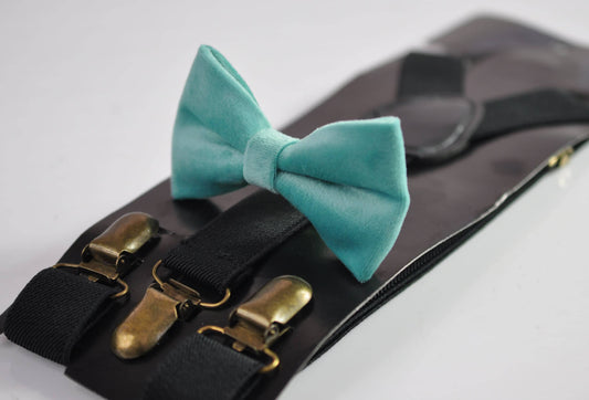 Sage Green Velvet Bow tie Bowtie + Navy blue Elastic Suspenders Braces for Men / Youth / Boys Kids / Baby Infant Toddler