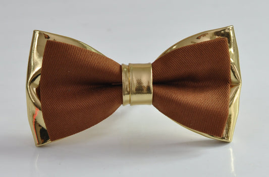 Tan Toffee Brown Cotton + Gold Faux Leather 2Layers Bow Tie Bowtie for Men Adult / Youth Teenage / Boy Kids / Baby Infant Toddler Wedding